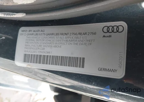2013 Audi A6 3.0T Premium z USA, uszkodzony, nr VIN WAUGGAFC1DN062661